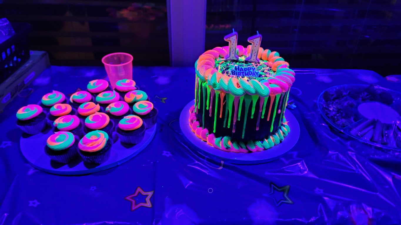 Neon glow birthday cake and cupcakes